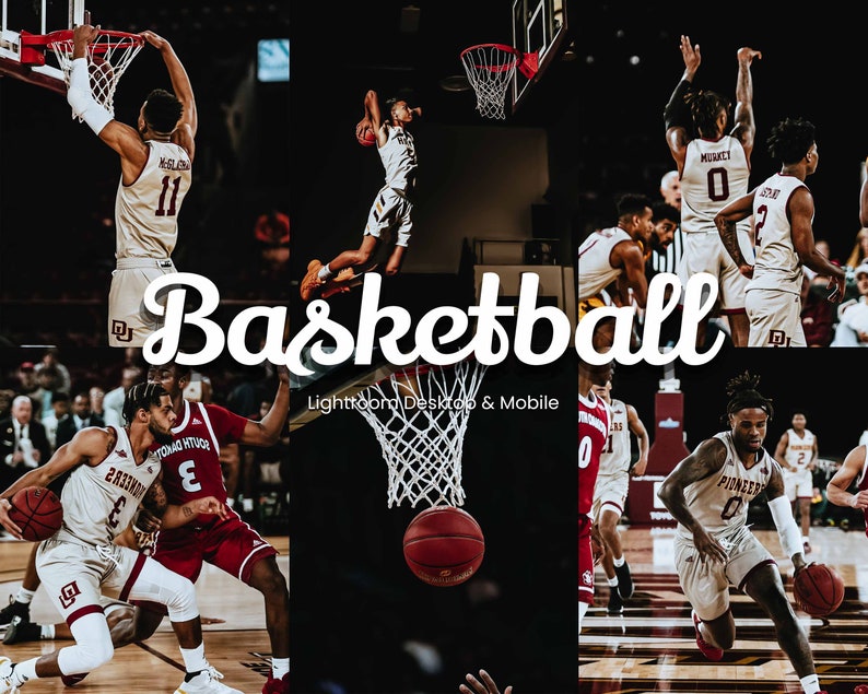 May include: A collage of basketball players in action on a court. The players are wearing white and gold uniforms with red accents. The text "Basketball" is written in a white, stylized font across the middle of the image. The text "Lightroom Desktop & Mobile" is written in white below the word "Basketball".