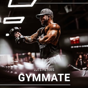 May include: A muscular person in a gym setting, holding a dumbbell. The person is wearing a black tank top and a cap. The image has the text "LUTS FILTERS" and "GYMMATE" in white.