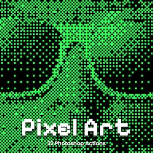 May include: Pixel art design with a green and black color scheme. The text "Pixel Art" is in white with the words "32 Photoshop Actions" below it.