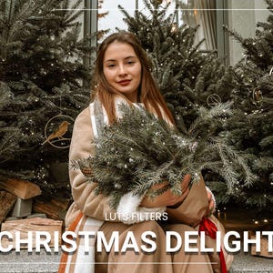 May include: A woman in a brown coat holds a small Christmas tree in front of her. The tree is decorated with small white lights. The text "LUTS FILTERS CHRISTMAS DELIGHT" is at the bottom of the image.