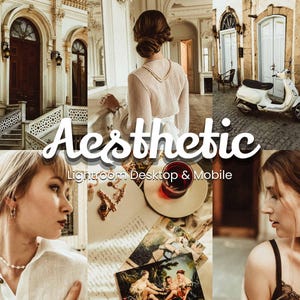 May include: A collage featuring the word "Aesthetic" in white script. The image includes a woman in a white dress, a white scooter, architectural details, and jewelry. The text "Lightroom Desktop & Mobile" is also present.
