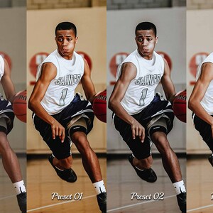 May include: Four images showing a basketball player dribbling a basketball. The first image shows the original image. The second image shows the image with a preset filter applied. The third image shows the image with a different preset filter applied. The fourth image shows the image with a third preset filter applied.