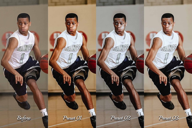 May include: Four images showing a basketball player dribbling a basketball. The first image shows the original image. The second image shows the image with a preset filter applied. The third image shows the image with a different preset filter applied. The fourth image shows the image with a third preset filter applied.