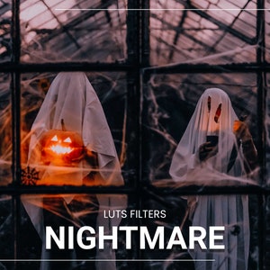 May include: Two figures in white sheets stand in a dark, web-covered greenhouse. One figure holds a glowing jack-o'-lantern. The text "LUTS FILTERS NIGHTMARE" is at the bottom of the image.