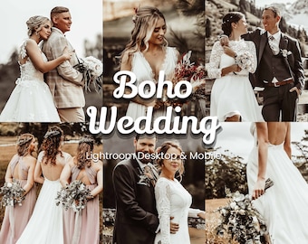 May include: A collection of wedding photographs featuring brides and grooms in various poses. The photos are taken in a variety of settings, including a forest, a field, and a garden. The photos are all in a boho style, with a focus on natural elements and soft lighting. The text "Boho Wedding" is superimposed on the image.