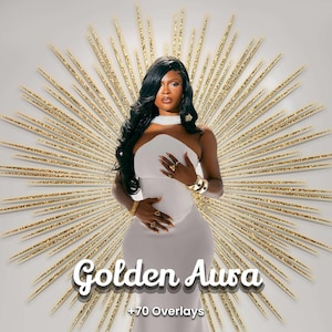 May include: A woman in a white dress stands before a golden burst design. The image features the text "Golden Aura" and "+70 Overlays". The woman is wearing jewelry and has long, dark hair.