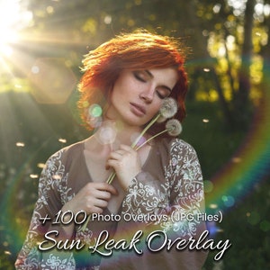 May include: A woman with red hair is standing in a field with a bright sun shining behind her. She is holding a bouquet of white dandelions. The image is a sun leak overlay, a type of photo effect that adds a soft, glowing light to an image.  +100 Photo Overlays (JPG Files) Sun Leak Overlay
