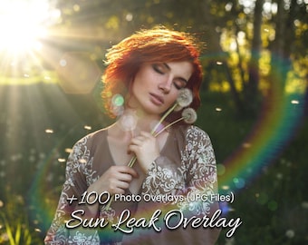 May include: A woman with red hair is standing in a field with a bright sun shining behind her. She is holding a bouquet of white dandelions. The image is a sun leak overlay, a type of photo effect that adds a soft, glowing light to an image.  +100 Photo Overlays (JPG Files) Sun Leak Overlay