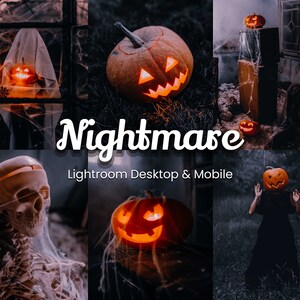 May include: A collage of images with a Halloween theme. The images include jack-o'-lanterns, a skeleton, a person wearing a jack-o'-lantern on their head, and cobwebs. The text "Nightmare" and "Lightroom Desktop & Mobile" are also included in the collage.