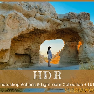 May include: A person stands in a rock formation archway, looking out at a landscape of rock formations. The sky is blue and the sun is setting. The text "HDR Photoshop Actions & Lightroom Collection + LUTs" is at the bottom of the image.