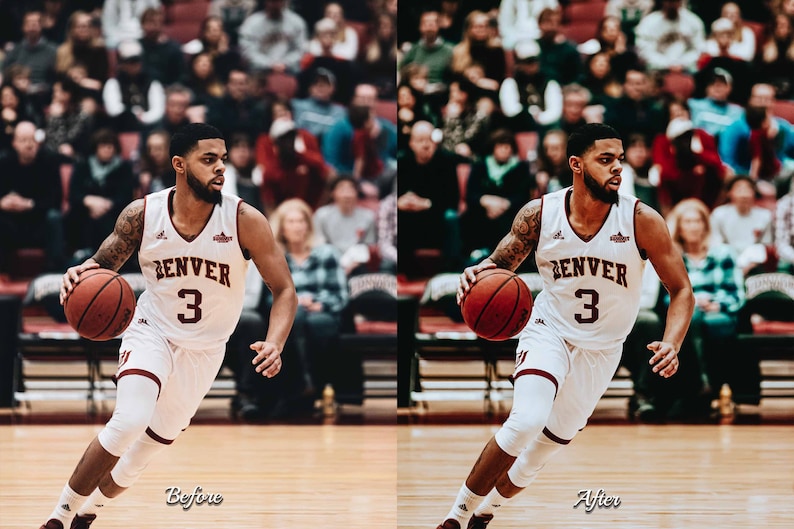 May include: A basketball player wearing a white jersey with the word "DENVER" and the number "3" in maroon. The player is dribbling a basketball with a brown leather surface. The player is on a basketball court with a wooden floor.