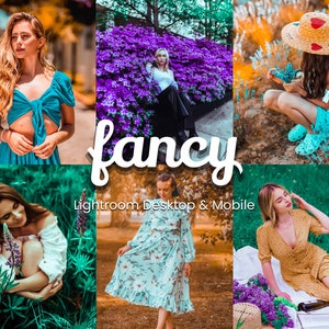 May include: A collage of six images with a 'fancy' logo and text 'Lightroom Desktop & Mobile'. The images feature women in various outdoor settings, showcasing different outfits and color palettes, with a focus on vibrant colors and natural light.