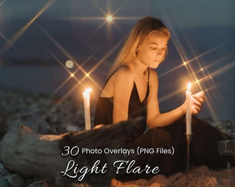 30 Light Flare Overlay for Photoshop: Golden Star, Night Sky Sparkle, Magic twinkle light Ray, Starburst Glow, PNG prism, Candle Photography