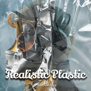 May include: An artistic digital image featuring a profile of a person's face, overlaid with transparent plastic wrap. The image has a blue and gray color scheme. The text "Realistic Plastic" is written in a cursive font, with "+ 80 Overlays" below.