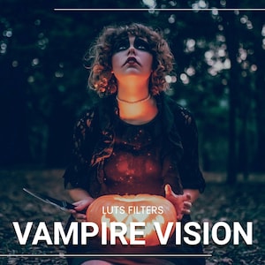 May include: A woman in a dark forest holds a glowing jack-o'-lantern in front of her. The text "LUTS FILTERS VAMPIRE VISION" is displayed below the pumpkin.