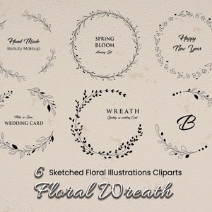 6 imágenes prediseñadas de coronas florales, botánicos versátiles dibujados a mano para invitaciones, empaques, marcas, redes sociales y más