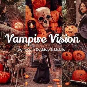 May include: A digital illustration of a skull with a floral garland around it. The text "Vampire Vision Lightroom Desktop & Mobile" is below the skull. The image is divided into three sections, each showing a different scene with pumpkins and Halloween decorations.