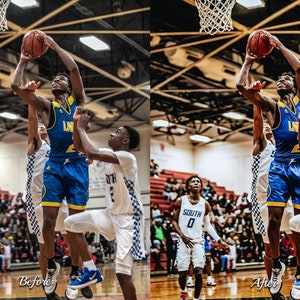 May include: Two basketball players in a game, one in a blue and yellow jersey with the number 2, the other in a white jersey with the number 3 and a checkered pattern, both jumping for a shot.