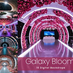 May include: A collage of digital backdrops featuring futuristic, floral-themed event spaces. The images showcase arched walkways and ceilings adorned with pink flowers, with a central text overlay reading "Galaxy Bloom" and "16 Digital Backdrops".