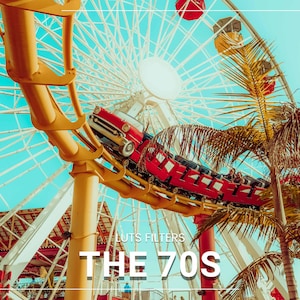 May include: A colourful image featuring a roller coaster car, a Ferris wheel, and palm trees against a bright blue sky. The text "THE 70S" is displayed in white, creating a retro aesthetic.