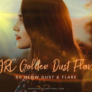 Op de afbeelding: Een vrouw met lang bruin haar staat voor een wazige achtergrond van een zonsondergang. De tekst "ARC Golden Dust Flare" en "60 GLOW DUST & FLARE" staat in oranje op de afbeelding. De tekst "PRODUCED BY 3MOTIONAL TEAM" staat in wit onderaan de afbeelding.