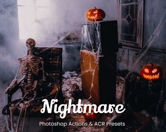 May include: A spooky Halloween scene with a skeleton sitting in a chair, a vintage television, and three jack-o'-lanterns. The text "Nightmare" is written in white with a black outline. The text "Photoshop Actions & ACR Presets" is written in white below the word "Nightmare".