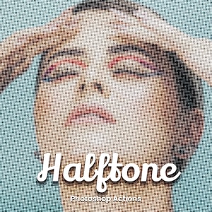 Op de afbeelding: Een halftonenbeeld van een persoon met gesloten ogen en handen op hun hoofd. De tekst "Halftone" is in witte letters op de afbeelding geschreven. De tekst "Photoshop Actions" is in kleinere witte letters onder het woord "Halftone" geschreven.