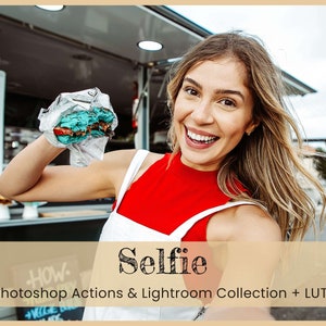 May include: A woman smiles and holds up a blue and white ice cream sandwich in front of a food truck. The text "Selfie" is written in black on a tan background below the image. The text "Photoshop Actions & Lightroom Collection + LUTs" is written in black on a tan background below the text "Selfie".