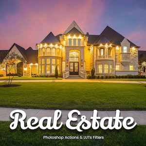 May include: A large, luxurious, two-storey house with a stone facade and a manicured lawn. The house is lit up at night, with warm yellow lights illuminating the windows and exterior. The text "Real Estate" is superimposed on the image, along with the phrase "Photoshop Actions & LUTs Filters".