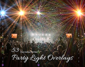 Könnte beinhalten: Eine digitale Sammlung von 53 Party-Licht-Overlays im JPG-Format, die eine Konzertszenen mit einer großen Menschenmenge, fallendem Konfetti und hellen, mehrfarbigen Sterneneffekten zeigt, die vom oberen Bildrand ausgehen.