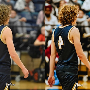 May include: A basketball player wearing a blue and gold jersey with the number "4" on the back. The player is walking away from the camera on a basketball court.