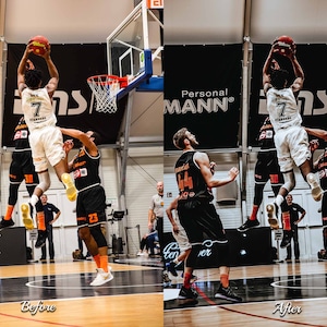 May include: Two basketball players in black and orange uniforms jump for the ball. One player is wearing number 44 and the other is wearing number 30. The player in number 44 is jumping to block the shot. The player in number 30 is jumping to make the shot. The background is a black and white banner with the text "Personal MANN".