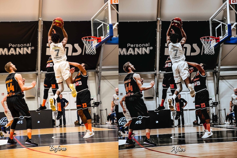 May include: Two basketball players in black and orange uniforms jump for the ball. One player is wearing number 44 and the other is wearing number 30. The player in number 44 is jumping to block the shot. The player in number 30 is jumping to make the shot. The background is a black and white banner with the text "Personal MANN".