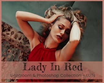 Lady In Red Photoshop Actions Lightroom Presets Mobile Filters LUTs Luxury Fashion Party Valentine Lifestyle Dark Moody Instagram Bloggers