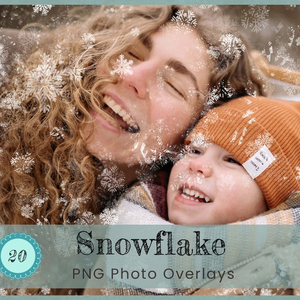 20 Snowflake Photoshop Overlays, Fantasy Winter Snowfall Blizzard PNG, Digital Sparkle for Wedding Holiday Kid & Family Party Photo Editing