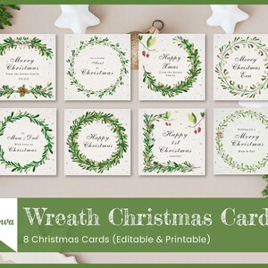 Plantilla Canva de tarjetas navideñas de 8 coronas, saludo navideño de permiso botánico editable de Navidad, fiesta de Nochevieja, evento familiar imprimible de invierno