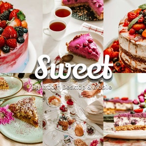 Puede incluir: Un collage de imágenes que muestran diferentes delicias dulces, incluyendo pasteles, tartas y pastelería. Las imágenes están dispuestas en una cuadrícula y presentan una variedad de colores y texturas. El texto "Sweet" se muestra en una fuente grande y blanca en el centro del collage. El texto "Lightroom Desktop & Mobile" se muestra debajo de la palabra "Sweet".