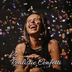 Puede incluir: Una mujer se ríe con confeti cayendo a su alrededor. El texto "60 Photo Overlays (PNG Files) Realistic Confetti" está en la parte inferior de la imagen.