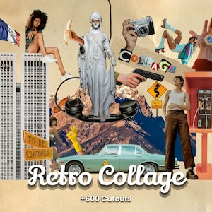 Op de afbeelding: Een retrocollage met verschillende afbeeldingen, waaronder een standbeeld, een auto, een telefooncel, een banaan, een stadsbeeld en een bord met de tekst "Wordt vervolgd..." De collage is geplaatst op een bruine achtergrond en heeft onderaan de tekst "Retro Collage +600 Cutouts".