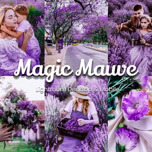 以下が含まれることがあります： 「マジック・モーブ」と呼ばれるLightroomデスクトップとモバイル用のデジタルフィルターのコレクション。フィルターは、写真に柔らかく、夢のように、紫色の色合いを作成します。画像は、花、人、風景の写真に適用されたフィルターの例を示しています。