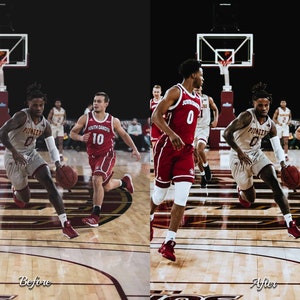 May include: Two basketball players in red and white uniforms dribble the ball on a wooden court. The player in the white uniform is dribbling the ball with his right hand. The player in the red uniform is dribbling the ball with his left hand. The players are surrounded by other players in red and white uniforms. The court is surrounded by a black wall. The words "Before" and "After" are written on the bottom of the image.