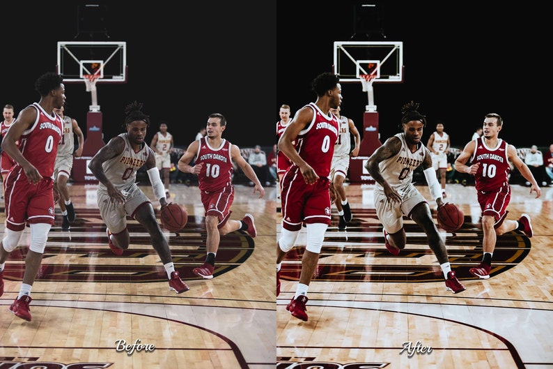 May include: Two basketball players in red and white uniforms dribble the ball on a wooden court. The player in the white uniform is dribbling the ball with his right hand. The player in the red uniform is dribbling the ball with his left hand. The players are surrounded by other players in red and white uniforms. The court is surrounded by a black wall. The words "Before" and "After" are written on the bottom of the image.