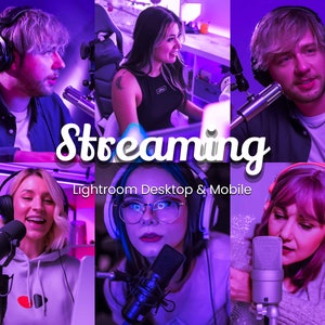 Puede incluir: Un collage de cinco personas transmitiendo en sus computadoras. La imagen tiene un esquema de color morado y rosa. El texto "Streaming" está en el centro de la imagen. El texto "Lightroom Desktop & Mobile" está debajo de la palabra "Streaming".