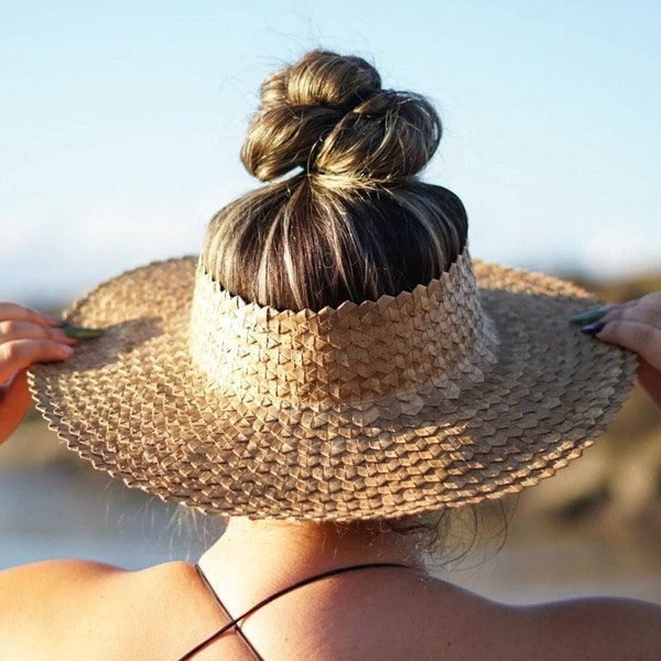 Straw Hat - Crownless Hat - Palm Leaf Hat - Beach Hat - Summer Straw Visor - Lauhala Papale - Hawaiian Hat - Hawaii Fashion - Christmas Gift