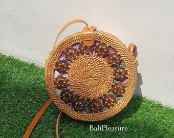 Coconut Shell Round Rattan Bag - Bali Bag - Straw Bag - Handwoven Shoulder Bag - Boho Summer Purse - Bohemian Crossbody Bag