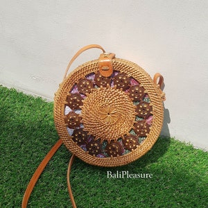 Coconut Shell Round Rattan Bag - Bali Bag - Straw Bag - Handwoven Shoulder Bag - Boho Summer Purse - Bohemian Crossbody Bag