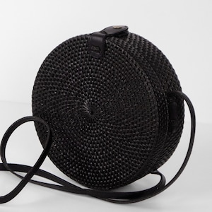 Black Round Rattan Bag - Bali Bag - Women Straw Bag - Woven Shoulder Rattan Purse - Boho Summer Bag - Bohemian Crossbody Bag - Beach Bag