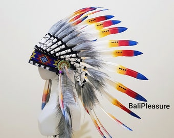 Indian Headdress White Yellow Red & Blue - Feather Warbonnet - Native American Feathers Hat - Festival Costume - Indian Hat - Short Length