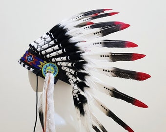 Indian Headdress White Black & Red - Feather Warbonnet - Native American Feathers Hat - Festival Costume - Indian Hat - Short Length