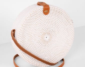 White Round Rattan Bag - Bali Bag - Straw Bag - Handwoven Shoulder Bag - Boho Summer Purse - Bohemian Crossbody Bag